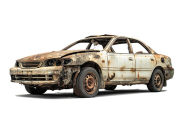 Damaged and rusted car with missing parts isolated on white background