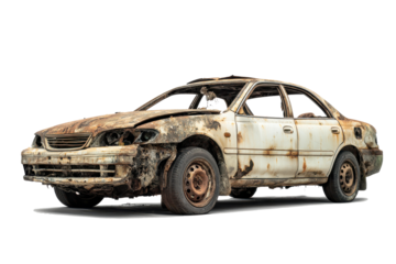 Damaged and rusted car with missing parts isolated on white background