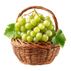 Fresh Green Grapes in Wicker Basket on White Background