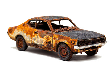 A heavily rusted and burned out vintage car isolated on a white background