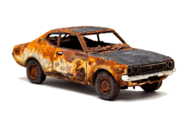 A heavily rusted and burned out vintage car isolated on a white background