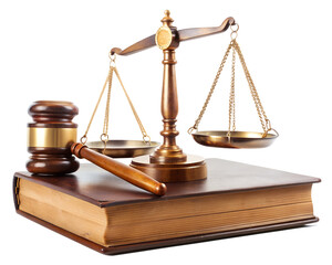 Justice scales and gavel on a law book isolated on transparent background