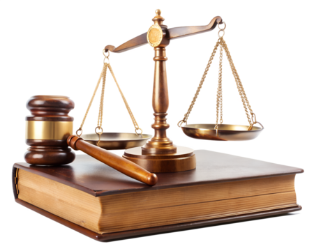 Justice scales and gavel on a law book isolated on transparent background