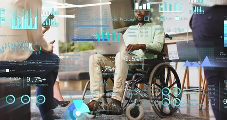 Woman tapping smartphone and causing financial graphs overlay while colleagues updating metrics - Powered by Adobe