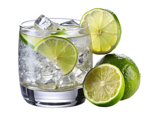 Refreshing gin and tonic with lime and ice, isolated on transparent background