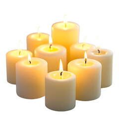 Elegant Group of Lit Candles on White Background for Ambiance and Decoration