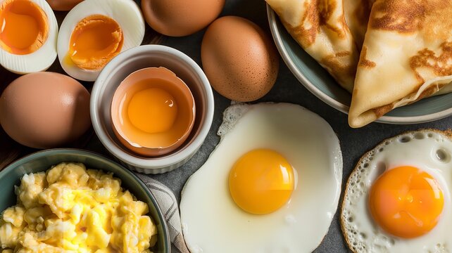 An overhead shot of various egg preparations and pancakes on a gray surface in natural lighting