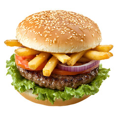 Delicious Burger and Fries on White Background for Food Advertisement
