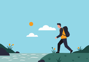 A hiker explores Troubleshoot River, enjoying a scenic outdoor adventure. Bright, minimalist illustration style.