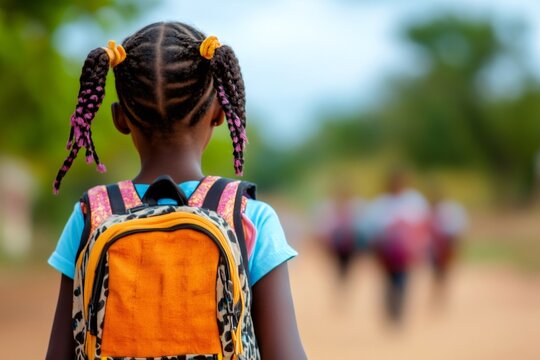Young African girl wearing a backpack and walking away on a dirt road, heading towards her education