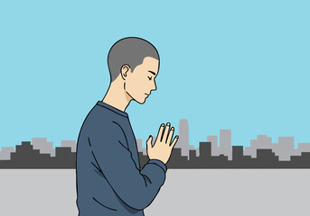 A young man meditates with a city skyline in the background. He?s in a contemplative pose, conveying peace and serenity. Modern illustration style.