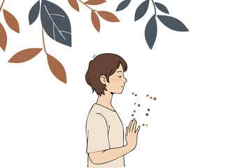 A young man practices mindful breathing, radiating calm. Soft colors and a simple illustration evoke serenity. Perfect for wellness and mindfulness themes.