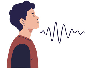 A young man practices wave-guided breathing, visualized as a rhythmic wave. Modern illustration style, calm and focused. Suitable for wellness and mindfulness content.