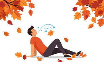 A young man practices 'Smart Breath Flow' outdoors amidst falling autumn leaves. He?s relaxed, breathing deeply, showcasing a mindful moment. Vibrant fall colors create a serene backdrop.