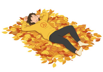 A young man relaxes amidst falling autumn leaves, wearing a peace sign shirt. A serene and peaceful image, perfect for autumn or wellness themes.
