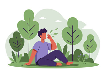 A young man sits outdoors, reacting to pollen with a sneeze. Lush green foliage forms a natural backdrop. Illustrative style, calming and refreshing.