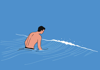 A man surfs a wave, enjoying a break. Simple, graphic style, vibrant blue background. Ideal for lifestyle and wellness visuals.