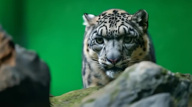 Snow leopard portrait against green background