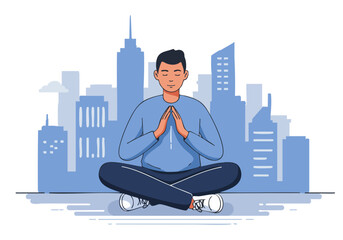 A serene young man meditates amidst a modern cityscape. He sits in a relaxed posture, conveying mindfulness and urban calm. A stylish, minimalist illustration.