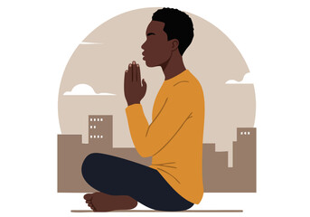 A serene Black man meditates outdoors, focusing on inner peace. He sits in a relaxed posture with hands folded, set against a cityscape backdrop.  Promotes mindfulness and calm.
