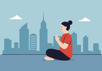 A serene woman meditates amidst a bustling city skyline, finding calm and balance. Soft colors and a minimalist style evoke tranquility.