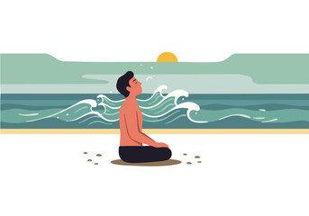 A serene man practices wave breath on a beach, inhaling deeply as waves crash. A calming, minimalist illustration evokes peace and mindfulness. Perfect for wellness and lifestyle content.