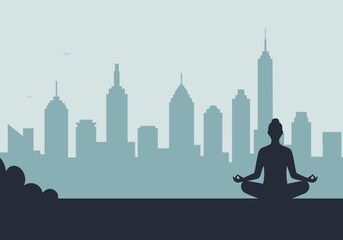A serene woman meditates amidst a city skyline, embodying 'Sky Mind'. A calming image of mindfulness and urban life. Perfect for wellness and lifestyle content.