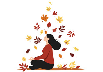 A serene woman meditates amidst falling autumn leaves, embodying a mindful fall season.  A calming, stylized illustration perfect for wellness and seasonal themes.