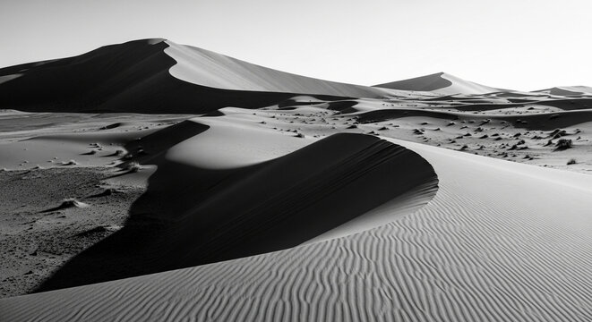 Monochrome dunes create a stark and beautiful desert landscape, showcasing the natural patterns and textures of sand in a timeless black and white