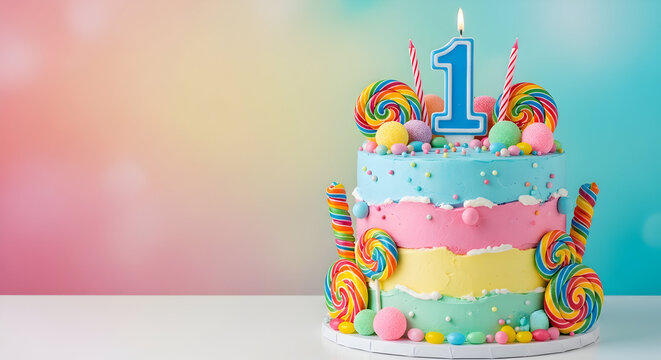 Pastel first birthday cake with number one candle, colorful candy swirls and playful confetti decorations on soft background