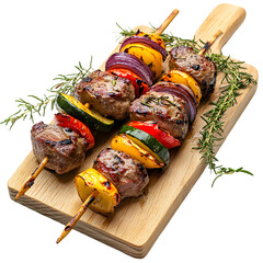 Succulent Lamb Kebab and Roasted Vegetables on Wooden Platter