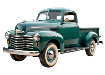 A classic emerald green pickup truck from the 1940s, isolated on a transparent background, representing vintage automotive design
