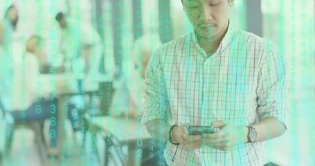 Man scrolling smartphone at cafe initiating cascading green code overlay for technology analysis - Powered by Adobe