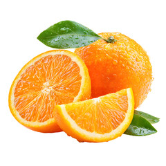 Fresh Juicy Orange Fruit Slices and Whole Orange Isolated on White Background