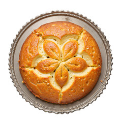 Freshly baked apple cake on decorative silver platter  