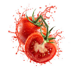 Vibrant Juicy Tomato Splash with Slice on White Background
