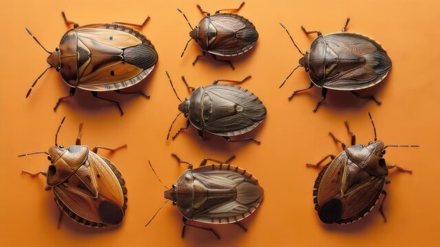 Six detailed brown stink bugs arranged in a symmetrical pattern on a vibrant orange backdrop, showcasing intricate natural textures and shapes.