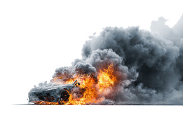 Car engulfed in flames and thick black smoke against a white background