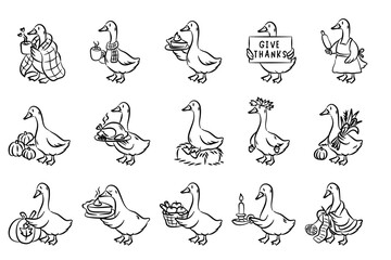 Just a Cozy Goose - funny  Thanksgiving geese cute holiday cartoon Autumn Fall cozy mood, Cute Thanksgiving Illustration © Nutjarin