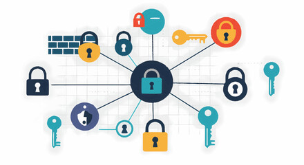 Comprehensive digital security network concept illustration showcasing interconnected locks, keys, and shields for data protection and access management in a digital environment