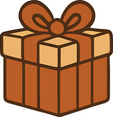 Cartoon-style illustration of a wrapped gift box with a large bow in warm brown and beige tones, symbolizing celebration, holidays, and generosity.