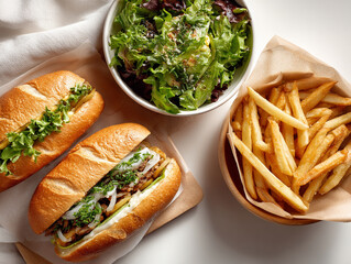 Overhead View Two Large Sandwiches Salad Bowl Fries Diagonal Arrangement