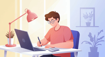 A diligent young man is engrossed in his studies or remote work, writing notes in a notebook at a well-lit desk with a laptop, showcasing a focused and productive home office or e-learning environment