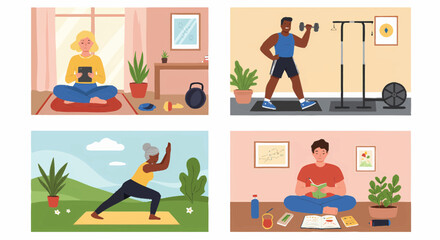 Four diverse individuals engaging in various healthy lifestyle activities at home and outdoors.