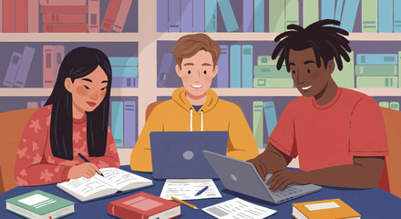 Multicultural young students engaged in diligent academic study, collaborating on projects in a library, utilizing laptops and textbooks for an enriching learning experience
