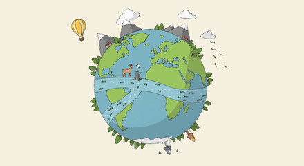 A creative illustration of Earth featuring winding paths, natural landscapes, mountains, rivers, wildlife, human buildings, and vehicles, representing global connections