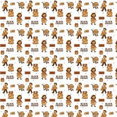 Seamless vector pattern featuring cheerful shoppers, shopping carts, gift boxes, and “Black Friday” sale signs in warm brown and beige tones, ideal for holiday marketing and retail designs.