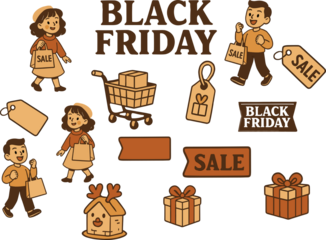 Vector illustration set featuring cheerful shoppers, sale tags, gift boxes, shopping carts, and “Black Friday” signs in warm brown and beige tones, perfect for retail promotions and holiday marketing