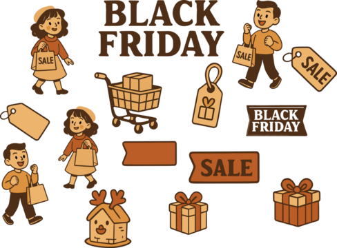 Vector illustration set featuring cheerful shoppers, sale tags, gift boxes, shopping carts, and “Black Friday” signs in warm brown and beige tones, perfect for retail promotions and holiday marketing