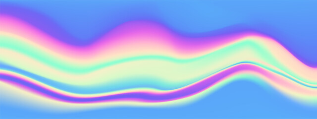 Iridescent gradient hologram with pink blue foil effect and abstract chrome texture. 90s neon pattern cosmic wave design kawaii background. Pearlescent pop art rainbow for modern prints.